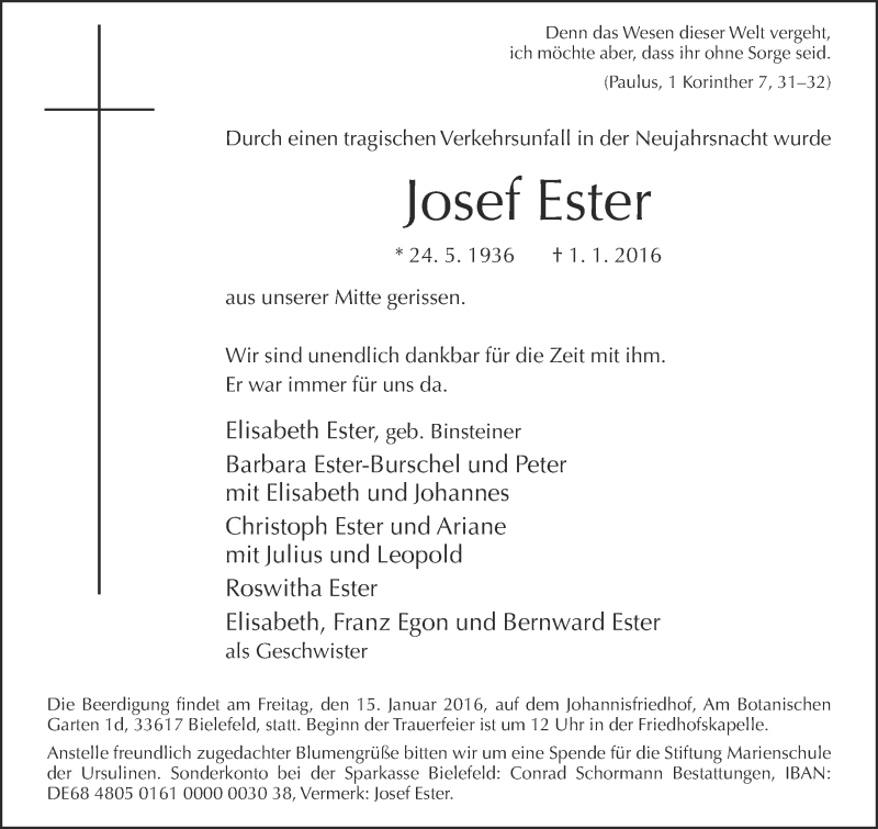  Traueranzeige für Josef Ester vom 09.01.2016 aus Neue Westfälische