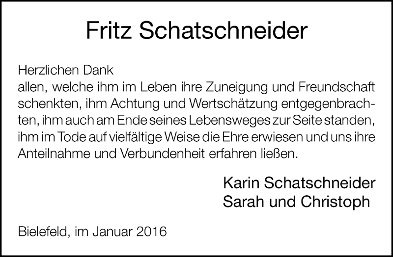  Traueranzeige für Fritz Schatschneider vom 16.01.2016 aus Neue Westfälische