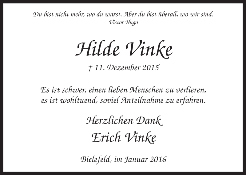  Traueranzeige für Hilde Vinke vom 20.01.2016 aus Neue Westfälische