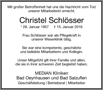 Traueranzeige von Christel Schlösser