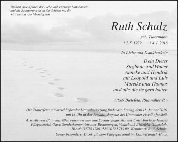 Traueranzeige von Ruth Schulz von Neue Westfälische
