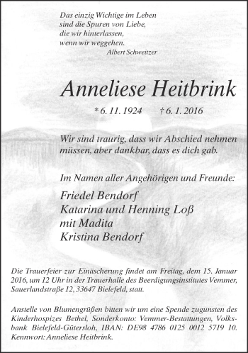 Traueranzeige von Anneliese Heitbrink von Neue Westfälische