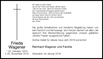Traueranzeige von Frieda Wagner von Neue Westfälische