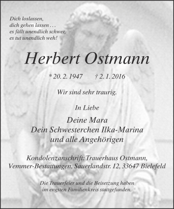 Traueranzeige von Herbert Ostmann von Neue Westfälische
