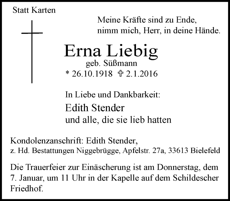  Traueranzeige für Erna Liebig vom 05.01.2016 aus Neue Westfälische