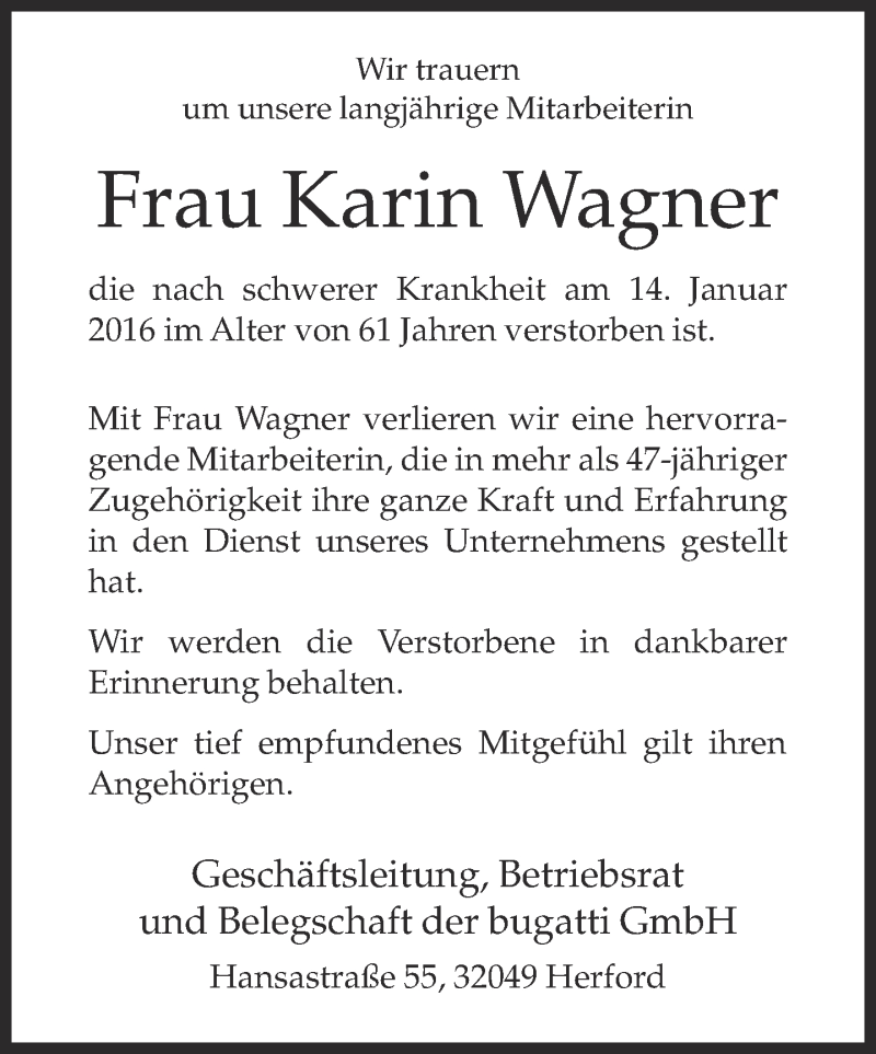  Traueranzeige für Karin Wagner vom 23.01.2016 aus Neue Westfälische