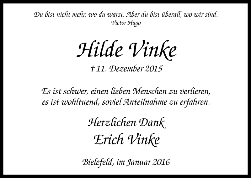  Traueranzeige für Hilde Vinke vom 20.01.2016 aus Neue Westfälische