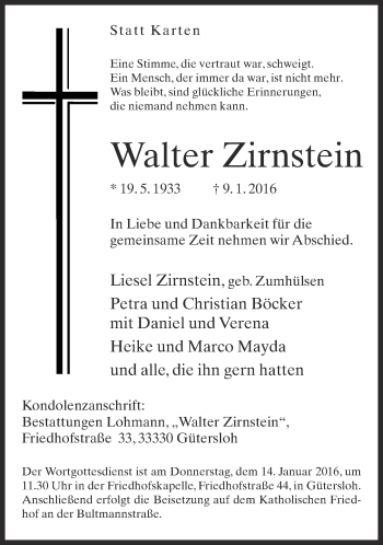 Traueranzeige von Walter Zirnstein von Neue Westfälische