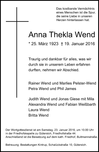 Traueranzeige von Anna  Thekla Wend von Neue Westfälische