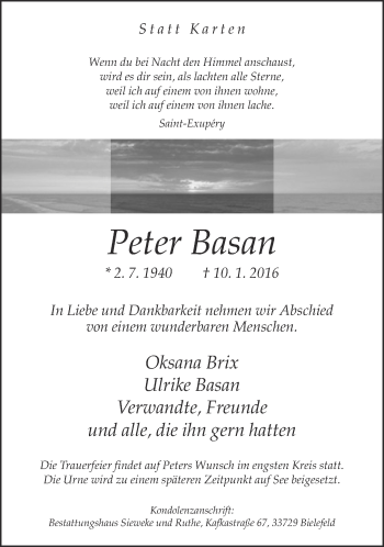 Traueranzeige von Peter Basan