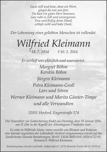 Traueranzeige von Wilfried Kleimann