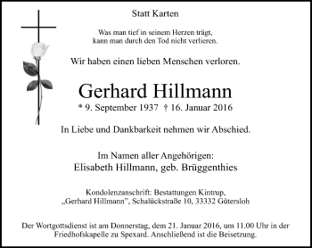 Traueranzeige von Gerhard Hillmann von Neue Westfälische