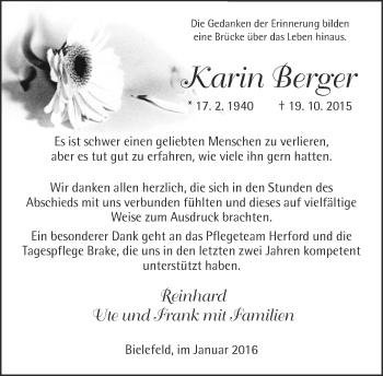 Traueranzeige von Karin Berger von Neue Westfälische