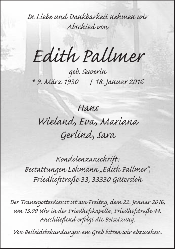 Traueranzeige von Edith Pallmer von Neue Westfälische