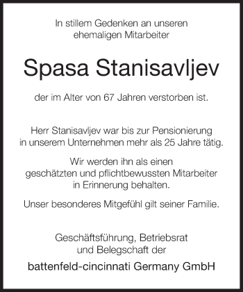 Traueranzeige von Spasa Stanisavljev