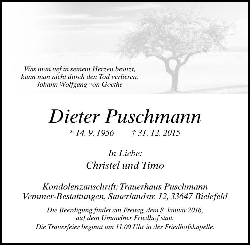  Traueranzeige für Dieter Puschmann vom 05.01.2016 aus Neue Westfälische