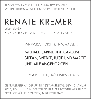 Traueranzeige von Renate Kremer von Neue Westfälische