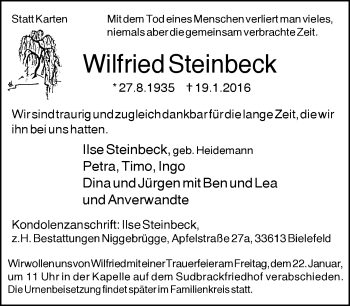 Traueranzeige von Wilfried Steinbeck von Neue Westfälische