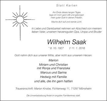 Traueranzeige von Wilhelm Saak