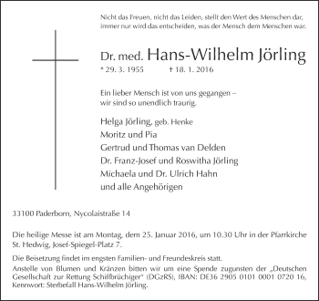 Traueranzeige von Hans-Wilhelm Jörling von Neue Westfälische