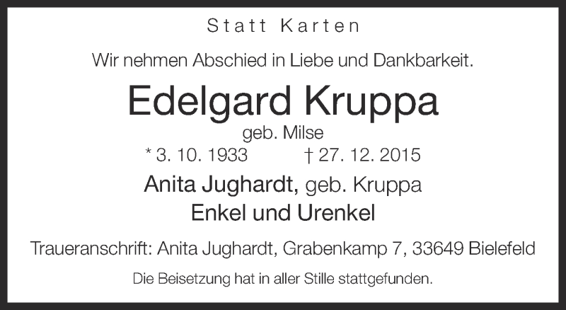  Traueranzeige für Edelgard Kruppa vom 09.01.2016 aus Neue Westfälische