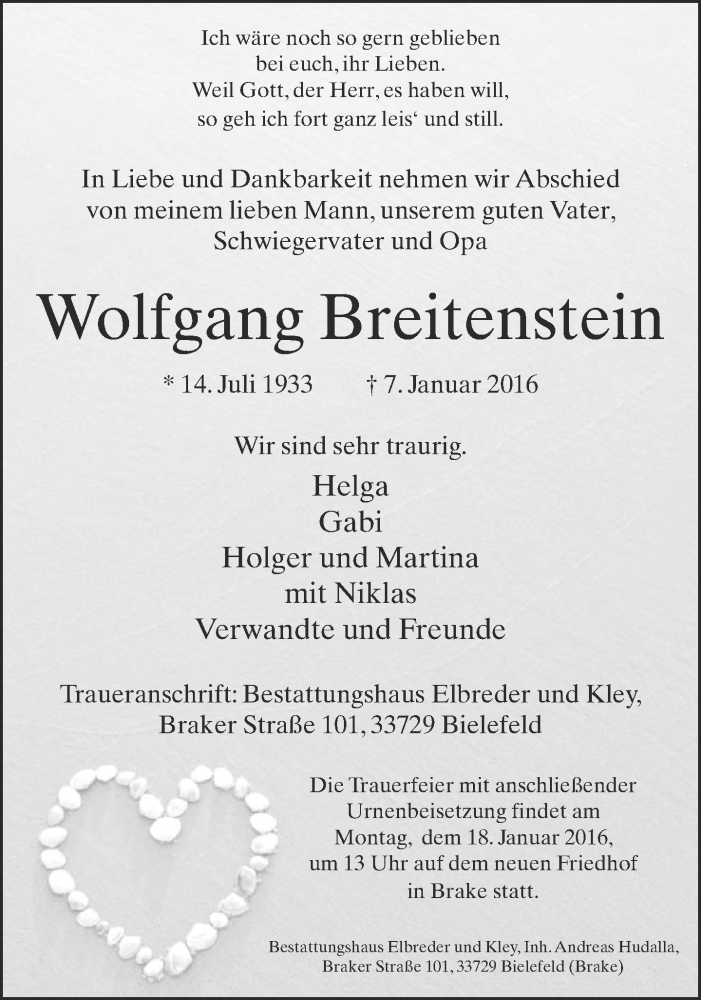  Traueranzeige für Wolfgang Breitenstein vom 09.01.2016 aus Neue Westfälische