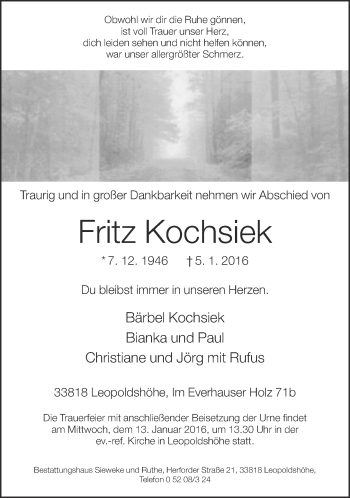 Traueranzeige von Fritz Kochsiek