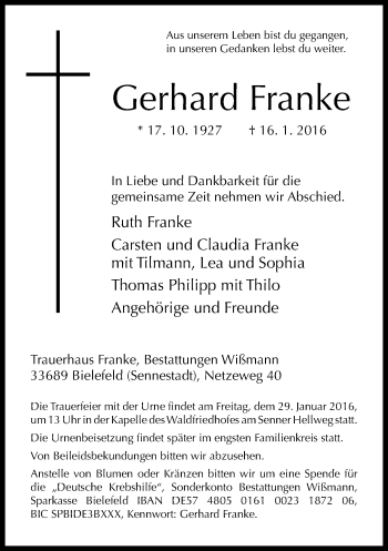Traueranzeige von Gerhard Franke von Neue Westfälische