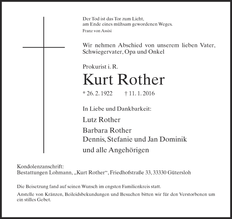  Traueranzeige für Kurt Rother vom 16.01.2016 aus Neue Westfälische