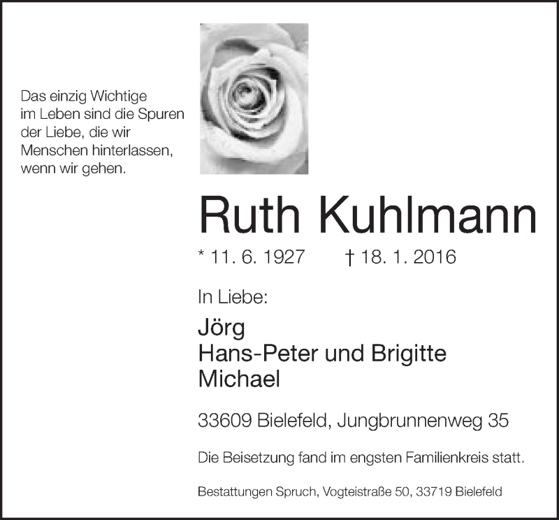  Traueranzeige für Ruth Kuhlmann vom 30.01.2016 aus Neue Westfälische
