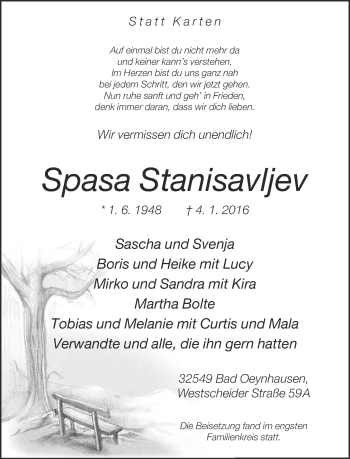 Traueranzeige von Spasa Stanisavljev