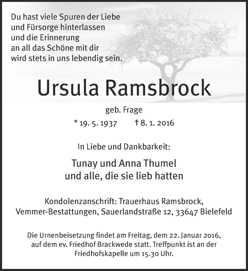  Traueranzeige für Ursula Ramsbrock vom 16.01.2016 aus Neue Westfälische
