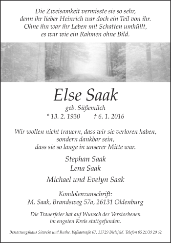 Traueranzeige von Else Saak