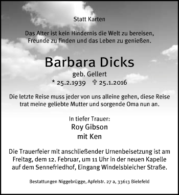 Traueranzeige von Barbara Dicks von Neue Westfälische