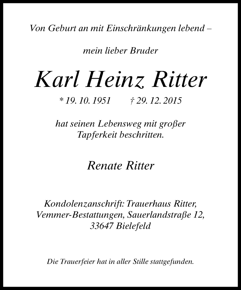  Traueranzeige für Karl Heinz Ritter vom 09.01.2016 aus Neue Westfälische