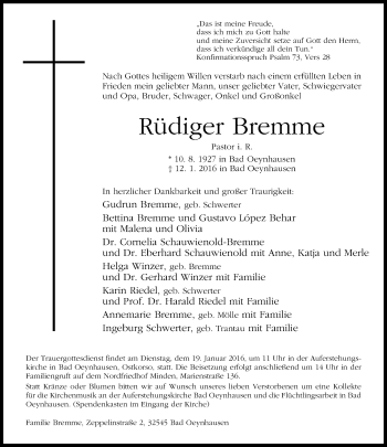 Traueranzeige von Rüdiger Bremme von Neue Westfälische