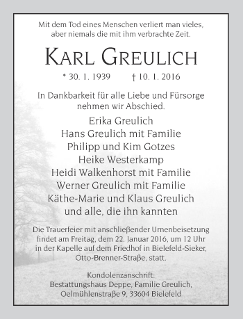 Traueranzeige von Karl Greulich von Neue Westfälische
