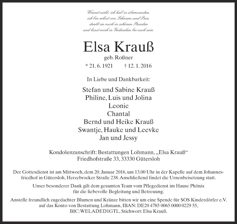  Traueranzeige für Elsa Krauß vom 16.01.2016 aus Neue Westfälische