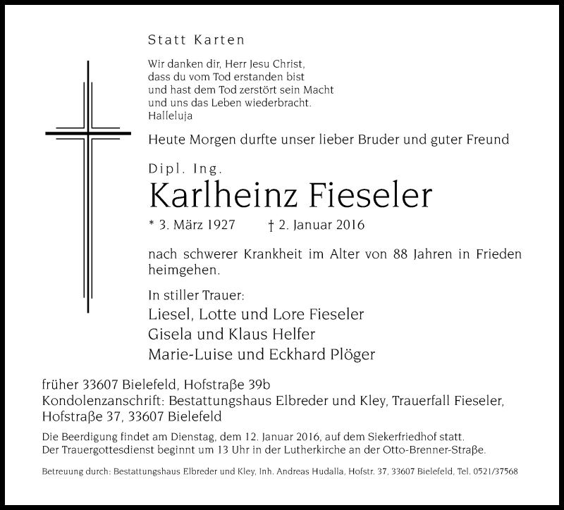  Traueranzeige für Karlheinz Fieseler vom 06.01.2016 aus Neue Westfälische