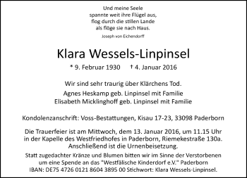 Traueranzeige von Klara Wessels-Linpinsel von Neue Westfälische