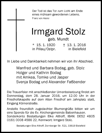 Traueranzeige von Irmgard Stolz von Neue Westfälische