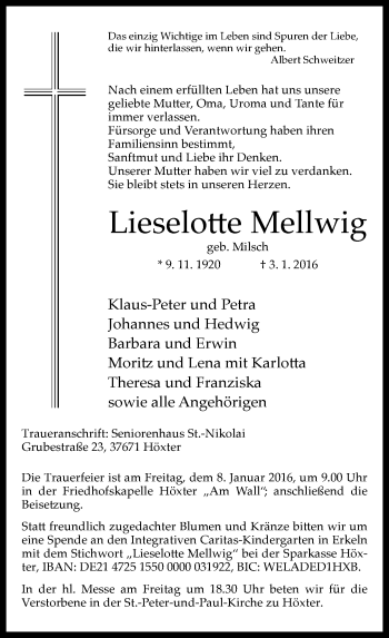 Traueranzeige von Lieselotte Mellwig von Neue Westfälische