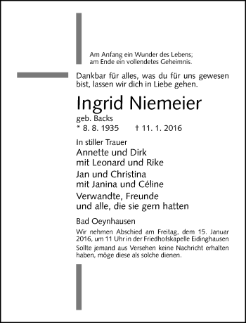 Traueranzeige von Ingrid Niemeier