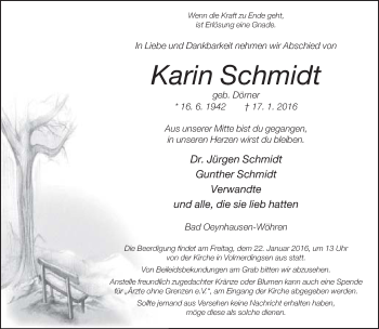 Traueranzeige von Karin Schmidt