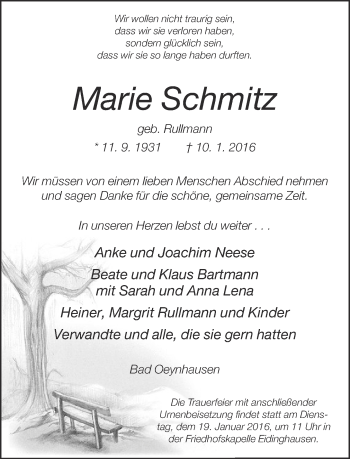 Traueranzeige von Marie Schmitz