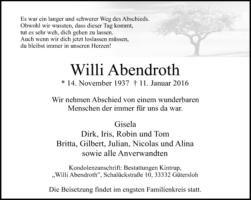  Traueranzeige für Willi Abendroth vom 13.01.2016 aus Neue Westfälische
