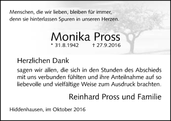 Traueranzeige von Monika Pross von Neue Westfälische