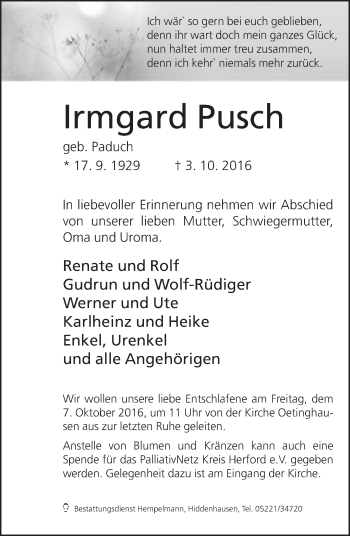 Traueranzeige von Irmgard Pusch von Neue Westfälische