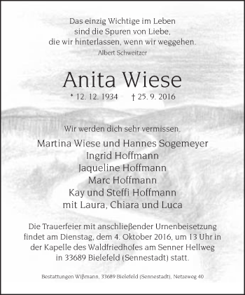 Traueranzeige von Anita Wiese von Neue Westfälische