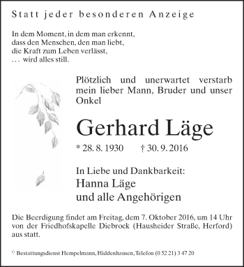 Traueranzeige von Gerhard Läge von Neue Westfälische